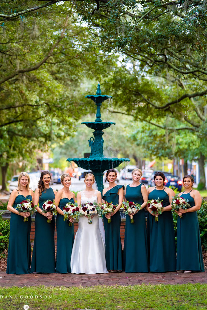bridal party at Lafayette Square in Savannah wedding